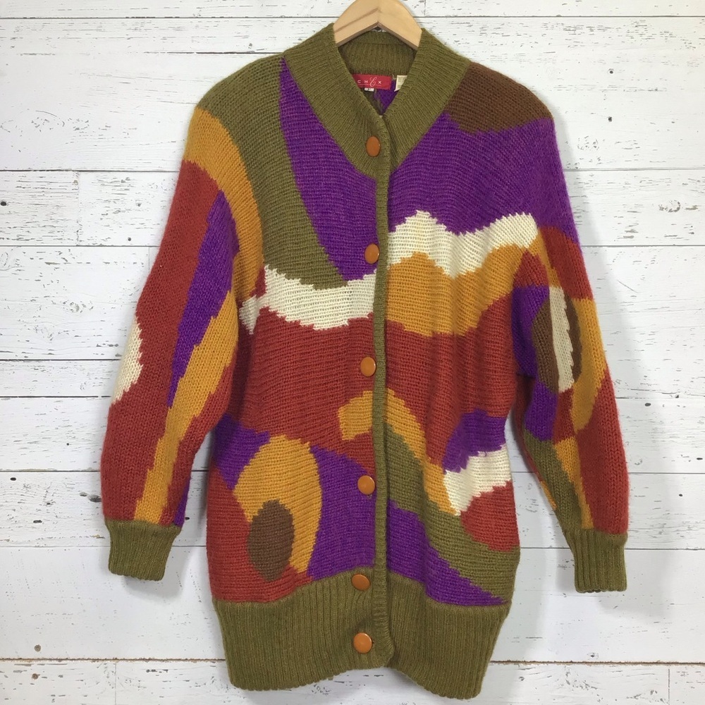 Vintage Abstract Colorful Women's Button Front Cardigan Sweater Wool Blend​